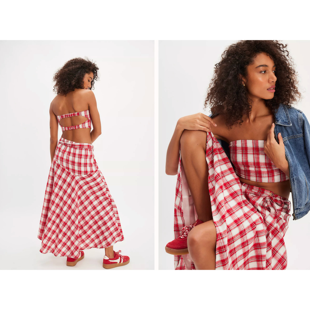 New with Tags Free People Set Red Plaid Strapless Crop Top SZ L Skirt SZ M - Picture 2 of 15